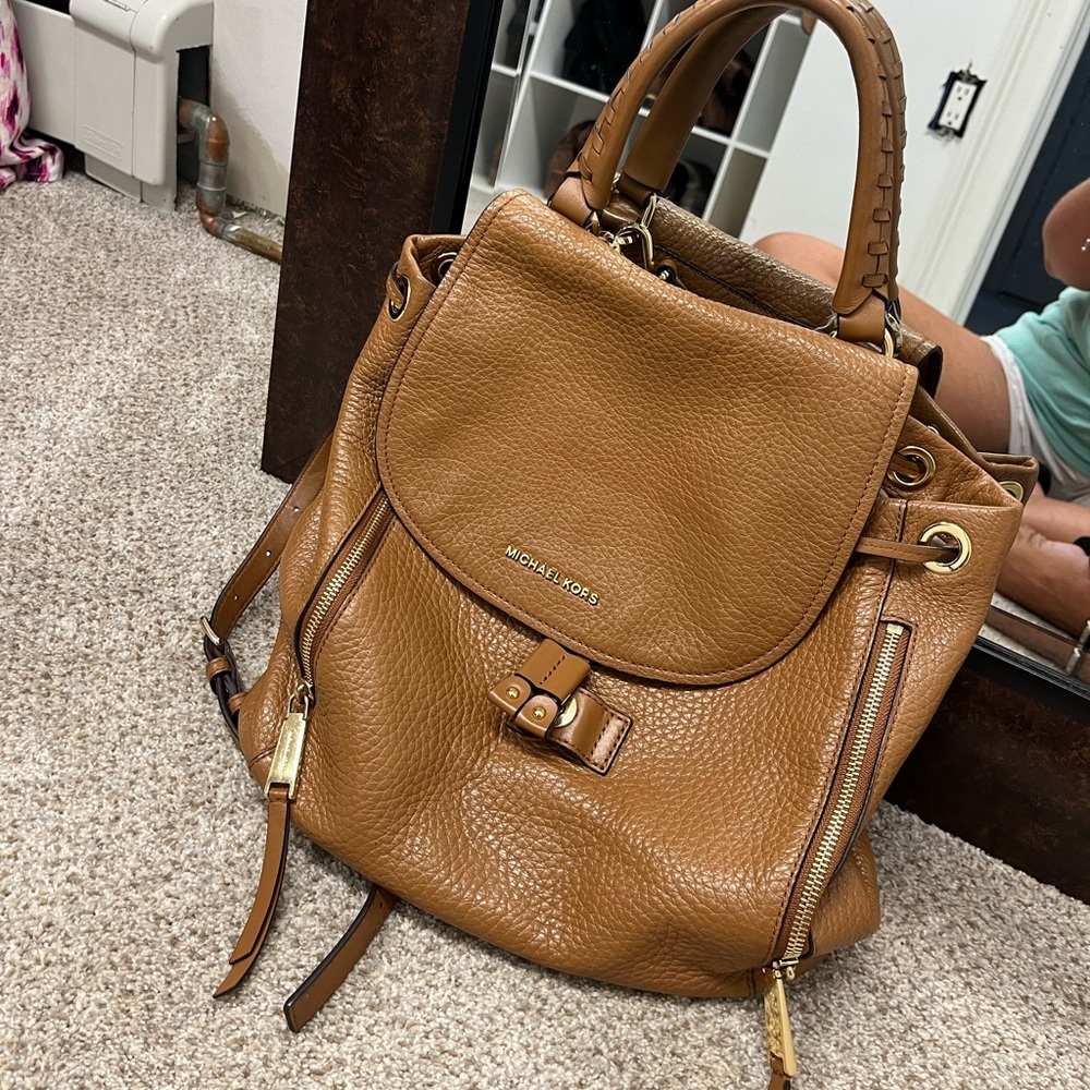 Michael Kors Tan Leather Drawstring Backpack